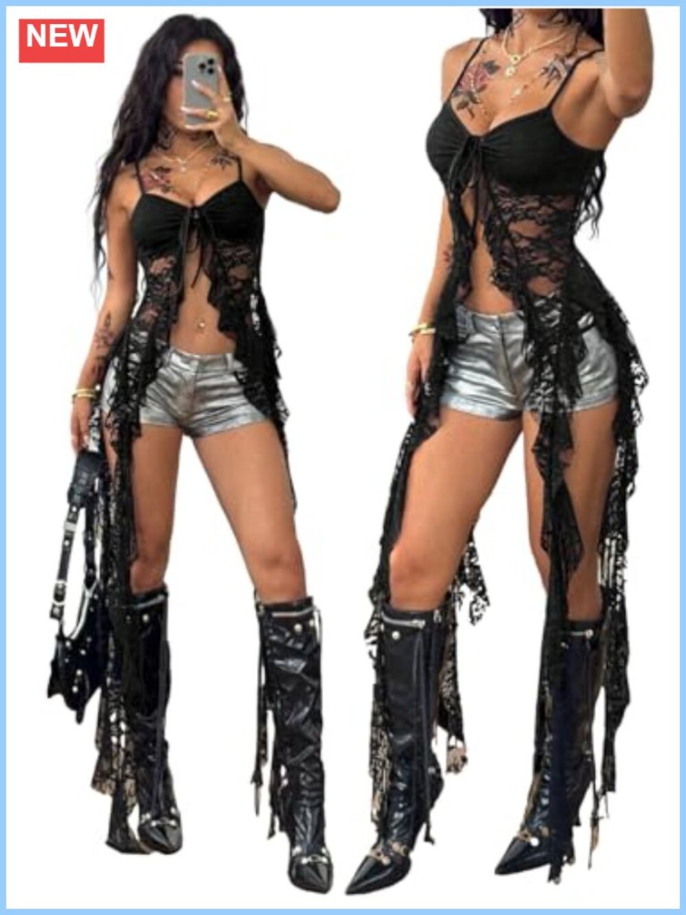 Women's Lace Tank Top Y2K Asymmetrical Hem Drawstring Flowy Shirt